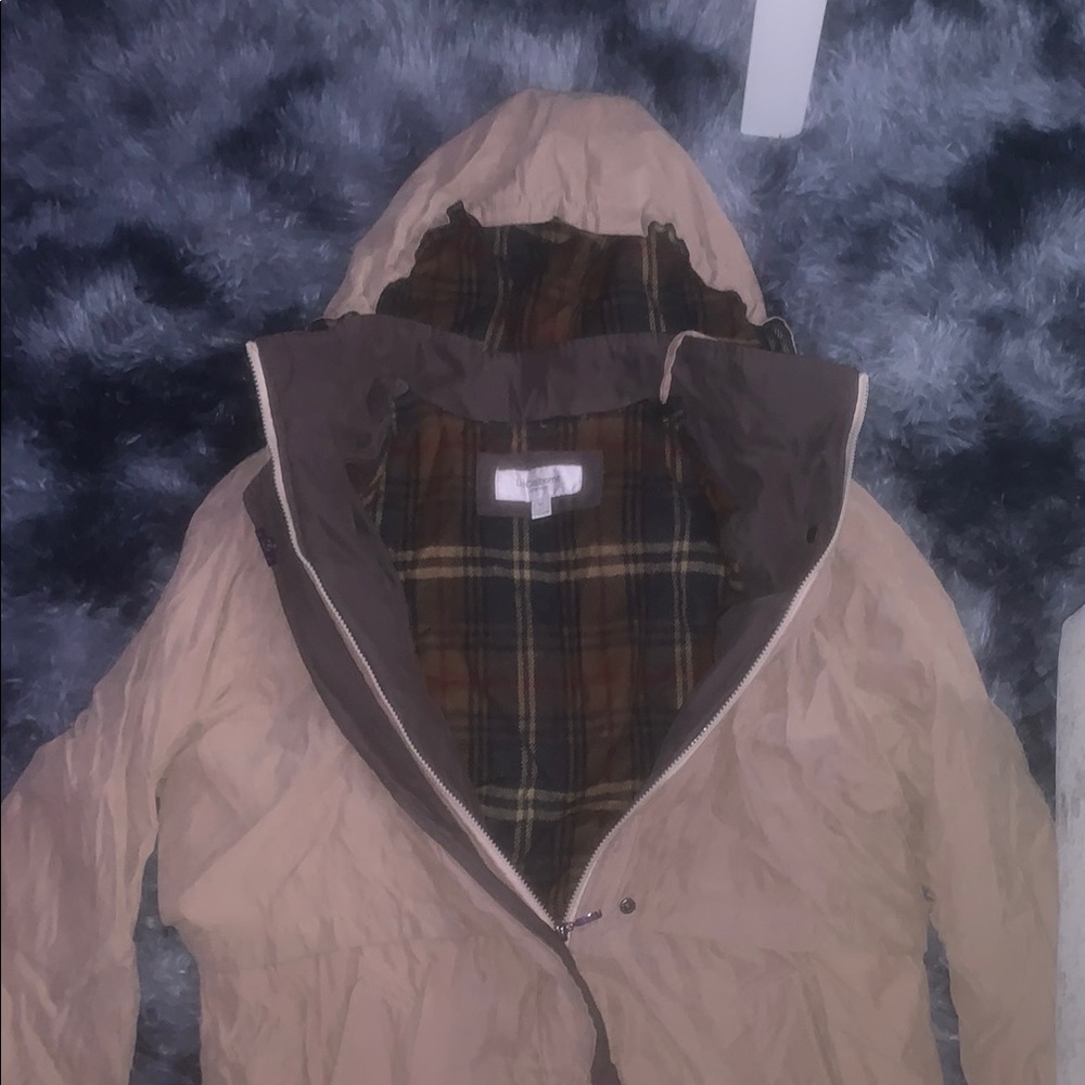 Liz Claiborne Tan Hooded Jacket with Plaid Lining